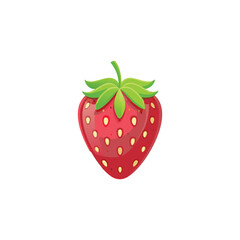 A stylized illustration of a red strawberry with green leaves and seeds on a white background