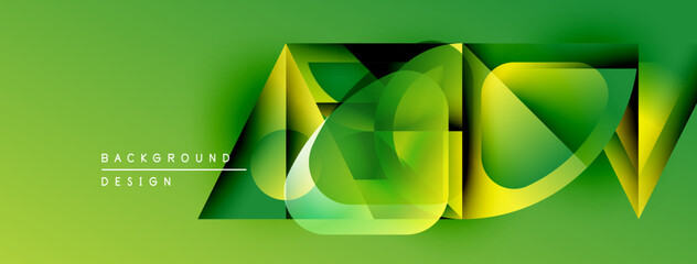 Abstract green design features layered shapes, gradients. Modern aesthetic, suitable for banners, presentations, backgrounds. Vibrant, dynamic composition.