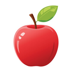 Glossy red apple with a brown stem and a vibrant green leaf centered on a white background