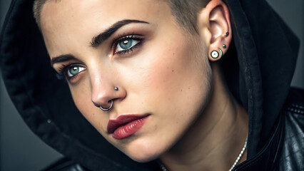 Close-Up Portrait of a Woman with a Pierced Nose and Short Hair Wearing a Hoodie