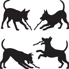 Four black dog silhouettes playing with sticks on a white background in various playful poses