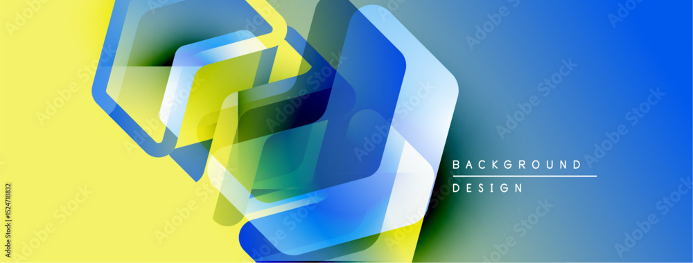 Poster abstract geometric shapes overlap, creating vibrant blue, yellow gradients. modern design element fo