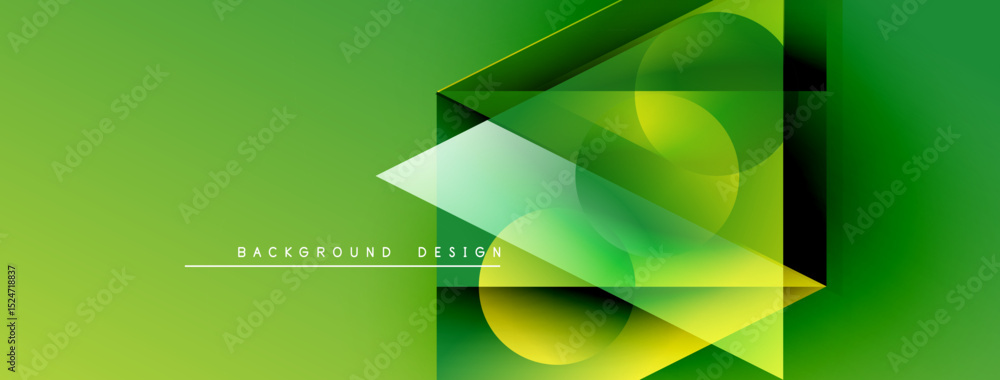 Poster abstract geometric shapes overlap, creating vibrant green gradient background. modern design element