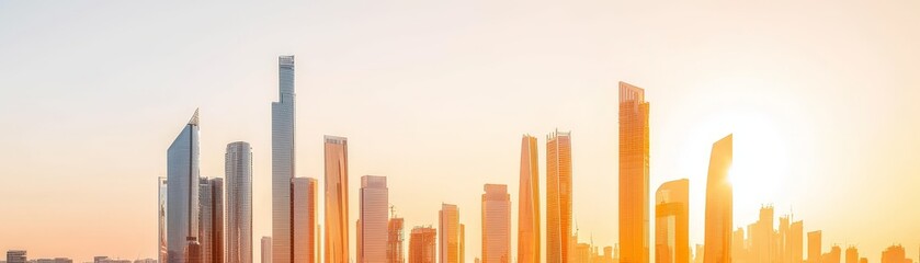 Modern city skyline with tall skyscrapers at sunset, glowing under a vibrant orange sky.