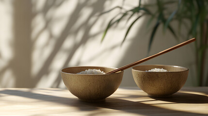dos tazones de arroz blanco sobre una mesa de madera en una mesa de comedor con espacio de copia comida saludable 