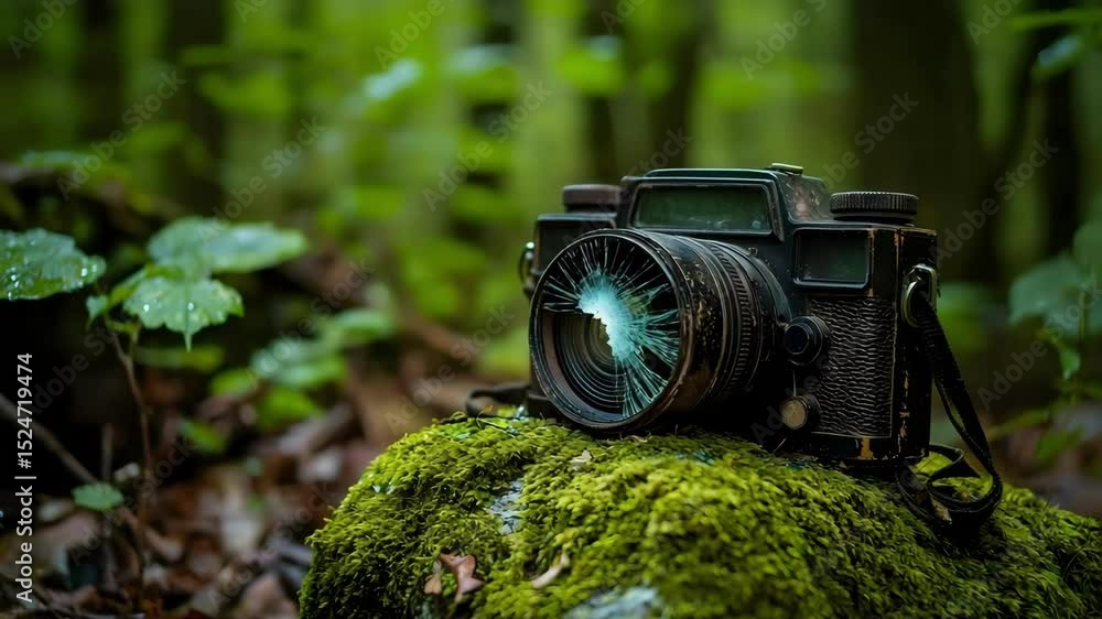 Poster an old camera with a broken lens resting on a moss-covered rock in a forest setting with greenery ar