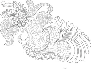 Detailed Henna Design Outline, Intricate black and white line art drawing of a traditional Indian henna or mehndi pattern. Features floral elements, paisley shapes, swirls, and ornamental details. 