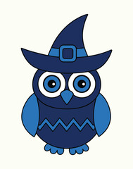 A stylized vector illustration of an owl wearing a witch hat, designed in black and blue with a Halloween theme.