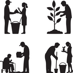 Four panels showing people volunteering with food, planting, caregiving, and gardening in silhouette