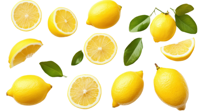 set of lemons and lemons slices isolated on white background 