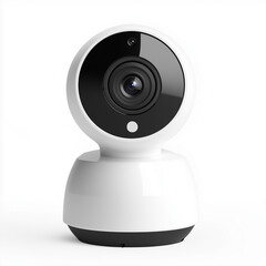 white smart security camera with black lens, isolated on white background. AI generation.
