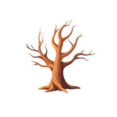 A bare stylized tree with brown and orange tones standing against a white background Its branches are thin and without leaves