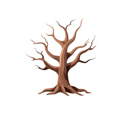 A leafless brown tree with bare branches and exposed roots stands on a white background