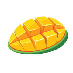 A ripe mango cut into small squares rests on a green edge