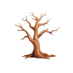 A leafless brown tree with bare branches standing on a white background