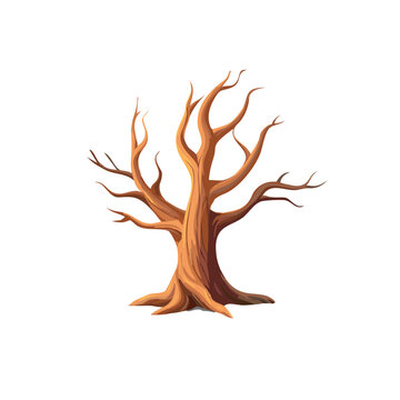 A bare stylized tree with brown and orange tones standing against a white background Its branches are thin and without leaves