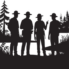 Silhouette of four park rangers standing near a river with a backdrop of trees and sunset sky