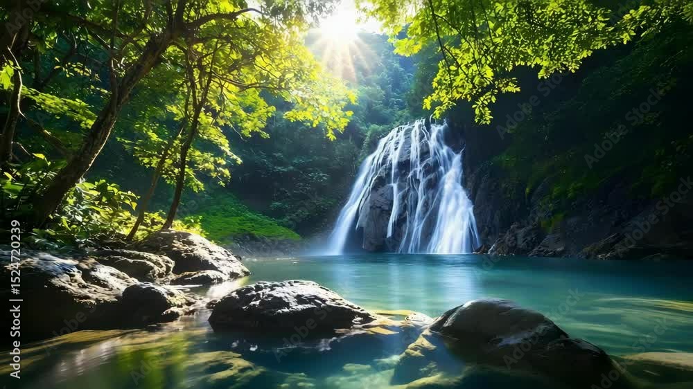 Aufkleber a serene waterfall cascading into a tranquil pool, surrounded by lush greenery and sunlight filterin