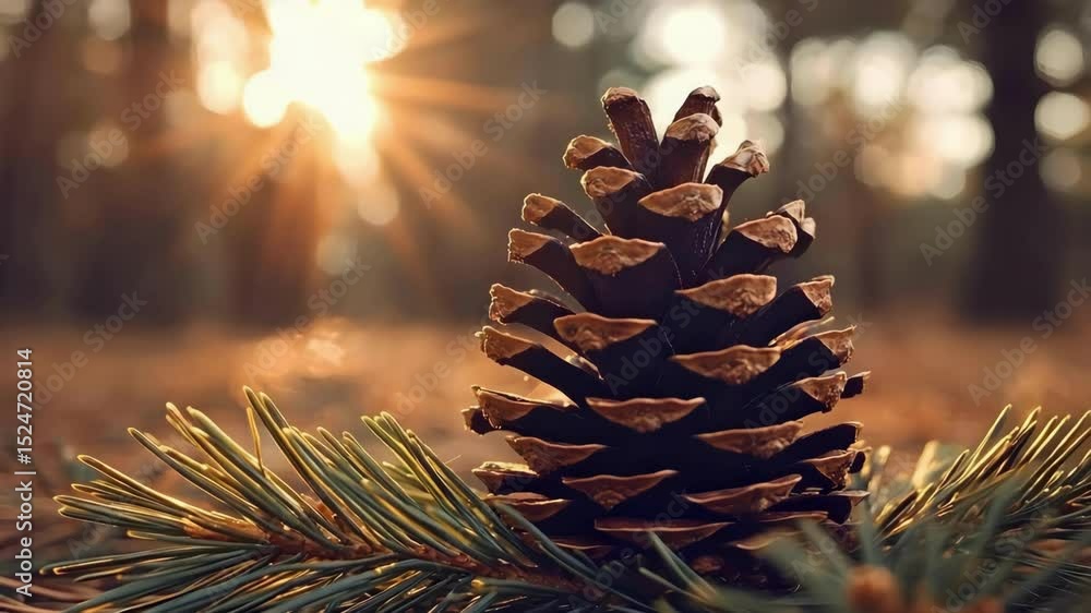 Poster a close-up of a pine cone resting on a pine branch, with sunlight filtering through trees in the bac