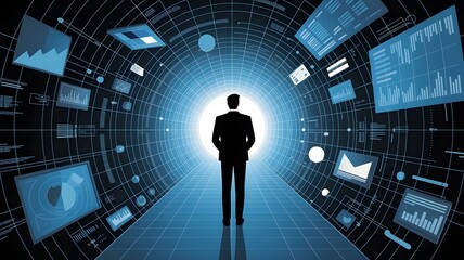 Businessman in digital tunnel of future vision