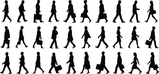 Silhouette vector of walking people, urban lifestyle, business commute, casual motion, black isolated figures, male and female pedestrians collection
