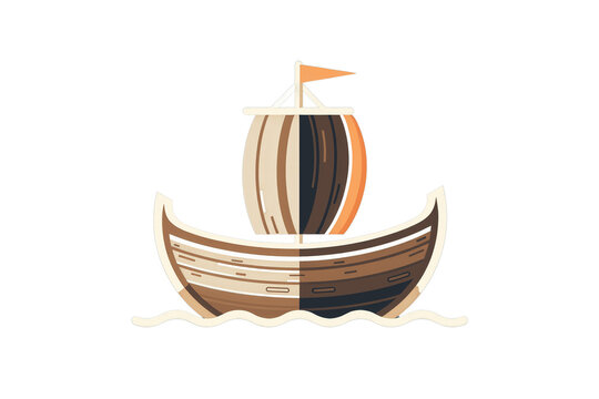 a simple flat 2d icon of the 'ship of theseus' paradox, showing a simple boat icon where half is old, weathered wood and the other half is new, fresh wood, minimalist design, solid brown colors