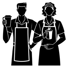 Two baristas in aprons holding coffee cups in a black and white image