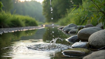 Soft splashes bloom as water drops meet the surface of a quiet, flowing stream.