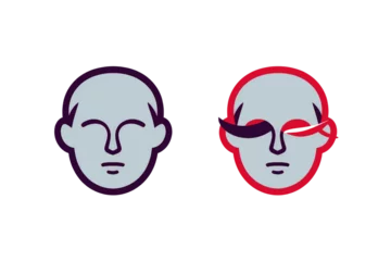 a simple flat 2d icon representing a 'deepfake', with two identical face icons, but one has a subtle "glitching" or distorted effect, minimalist design, solid gray and red colors, clean sharp lines