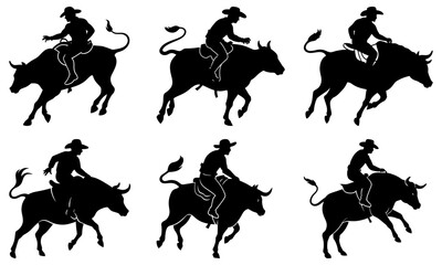 Silhouettes of cowboys riding bulls in various bucking positions shown