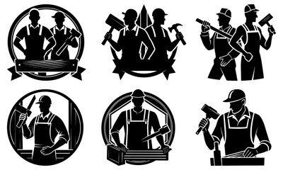 Silhouetted carpenters with tools in various oval and emblem designs