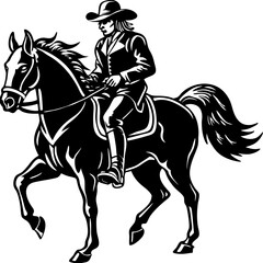 A cowboy wearing a hat riding a horse in black and white illustration