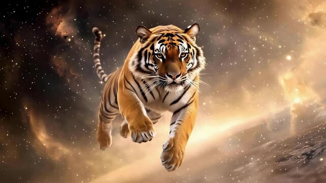 A tiger leaping through a cosmic space scene filled with stars and nebulae.