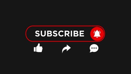4K Subscribe button animation with notification bell and social interaction icons on black background - Powered by Adobe