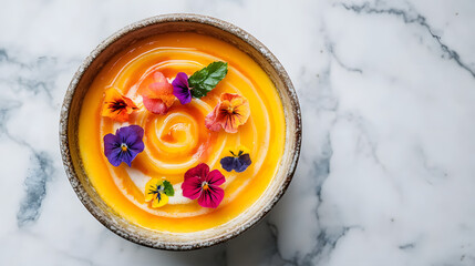 A bowl of vibrant yellow soup garnished with colorful edible flowers and herbs, presented on a marble surface.