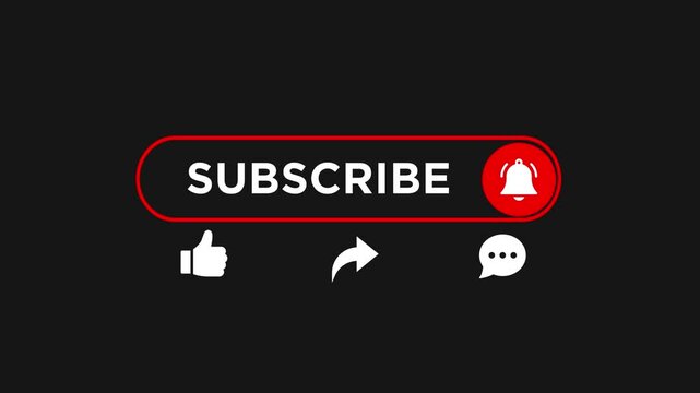 4K Subscribe button animation with notification bell and social interaction icons on black background