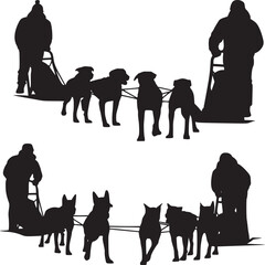 Silhouette illustration of two dog sled teams with mushers on a white background design art
