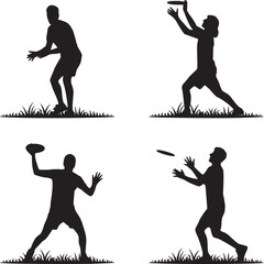 Four silhouettes of people playing frisbee on grass in various poses against a white background