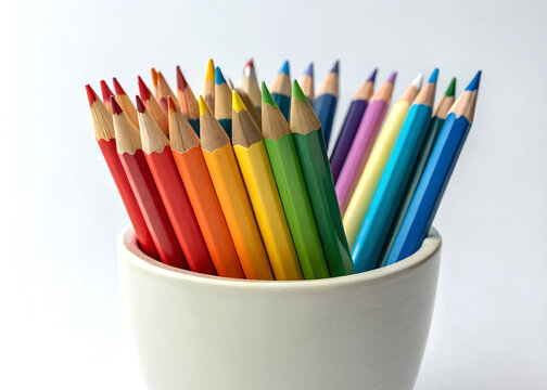 A vibrant group of colourful wooden drawing pencils in a glass holder, perfect for school art and design ai generated