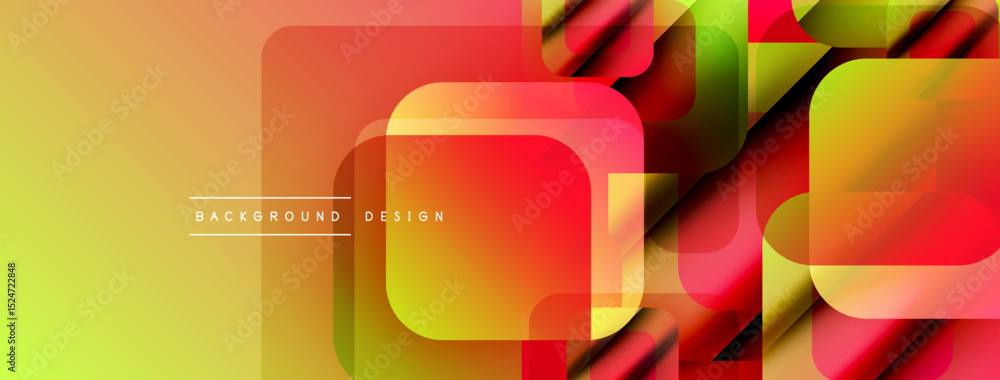 Poster Abstract geometric shapes overlap. Vibrant colors blend, creating dynamic visual effect. Yellow, orange, red gradients dominate composition.