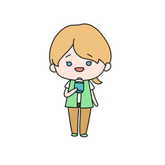 A cartoon girl is holding a cup and smiling