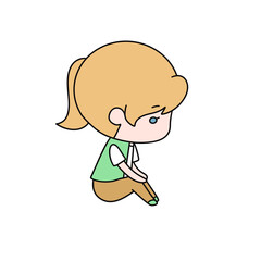 A girl with a ponytail is sitting on the ground