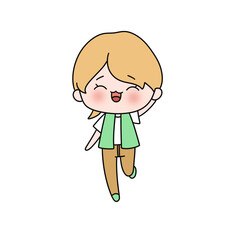 A cartoon boy is smiling and waving at the camera