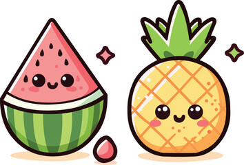 Cute Kawaii Watermelon and Pineapple Characters – Vector Illustration