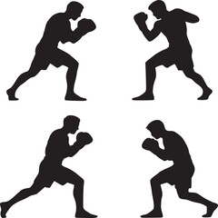 Four silhouettes of boxers in fighting stances on a white background in a square formation layout