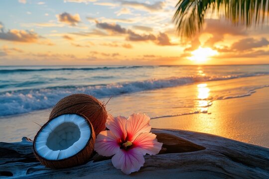 Tropical sunset beach scene with coconuts and hibiscus flower.