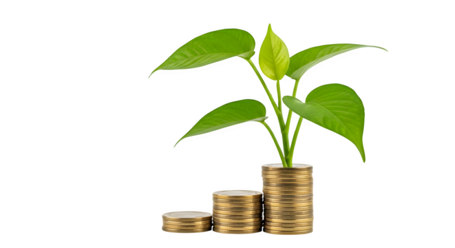 A small plant growing out of stacks of coins on a black colored background view isolated on white background, tarensparent background, png, jpg,jpeg,  on transparent background