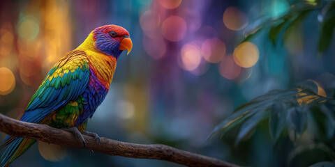 Colorful parrot perched on branch with vibrant feathers and blurred bokeh background creating lively and vivid scene
