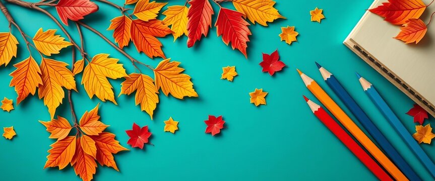 Intricate autumn leaves and school supplies like books and pencils cut from paper, on a vector background, learning, stationery