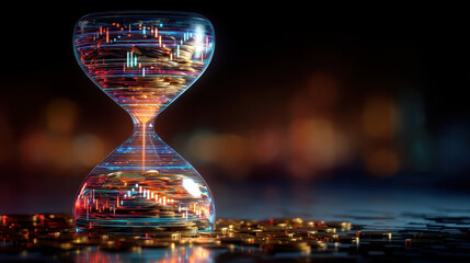 Surreal hourglass filled with glowing coins and financial chart lines, symbolizing time and money flow in dark setting